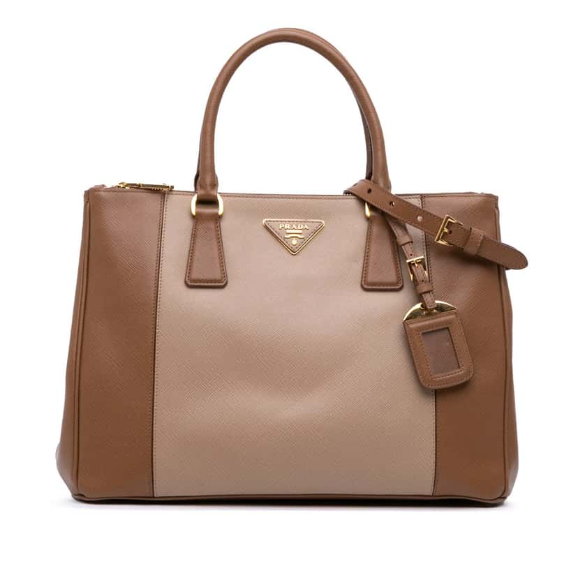 Prada Medium Bicolor Saffiano Lux Galleria Double Zip Satchel Brown Leather Fair condition - Front View