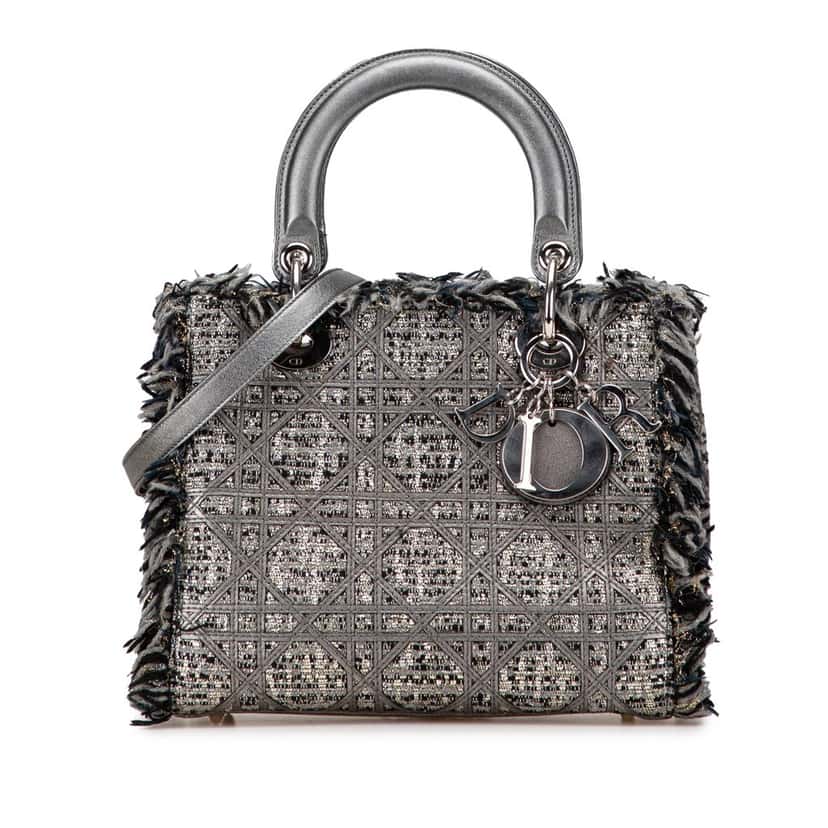 Dior Medium Tweed Cannage Fringe Lady Dior Grey Tweed Good condition - Front View