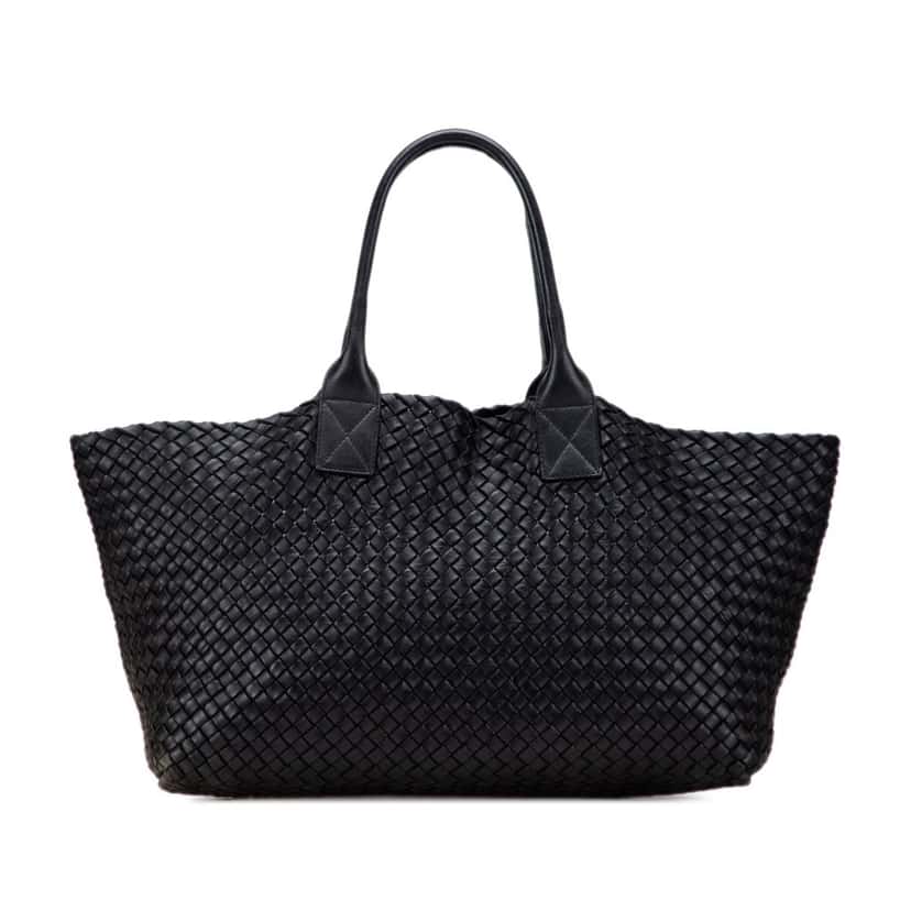 Bottega Veneta Medium Lambskin Intreccio Cabat Tote Black Leather Good condition - Front View