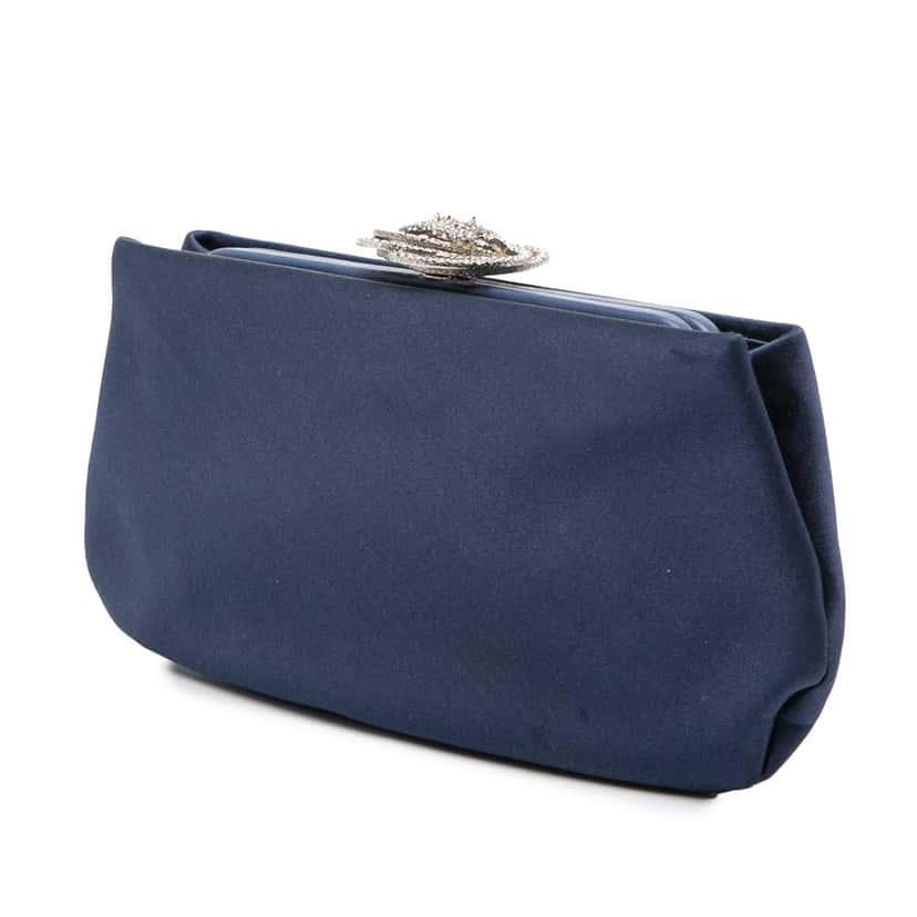 Chanel Satin Crystal Camellia Evening Frame Clutch Blue Satin Good condition - Back View