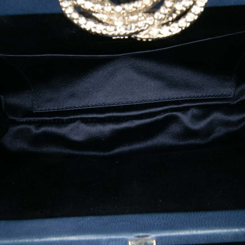 Chanel Satin Crystal Camellia Evening Frame Clutch Blue Satin Good condition - Model View