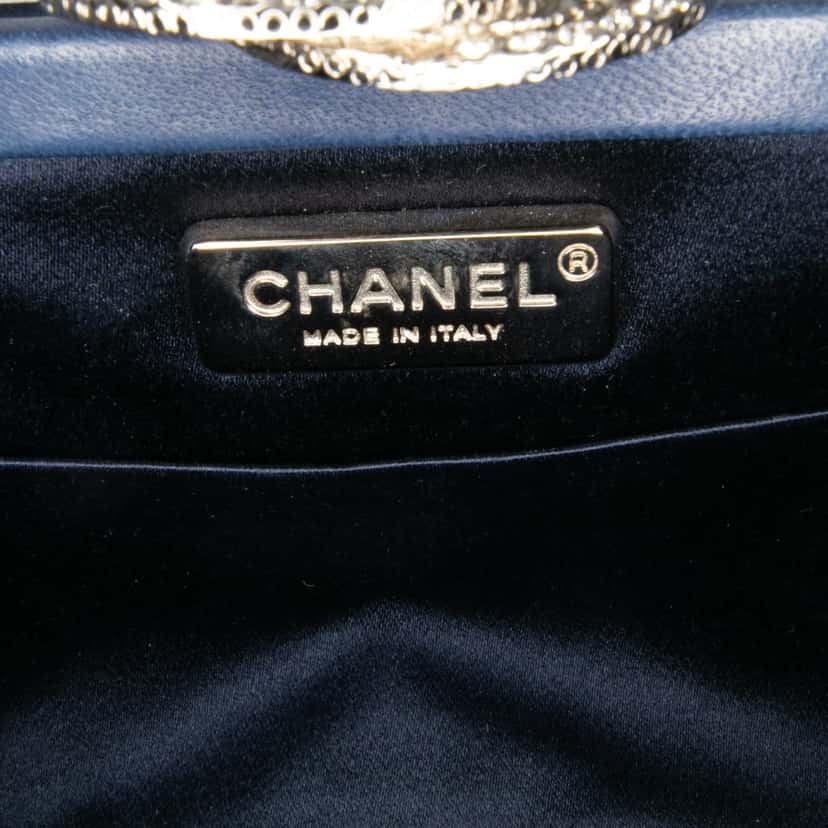 Chanel Satin Crystal Camellia Evening Frame Clutch Blue Satin Good condition - Box View