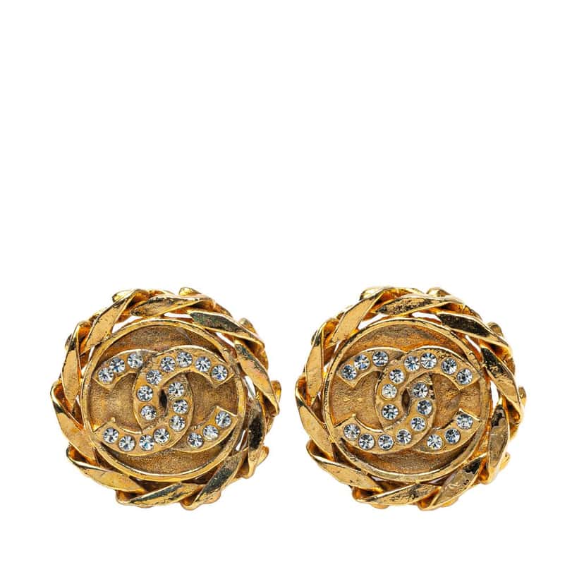 Chanel Gold Plated CC Crystal Clip On Earrings Gold Metal Good condition - Front View