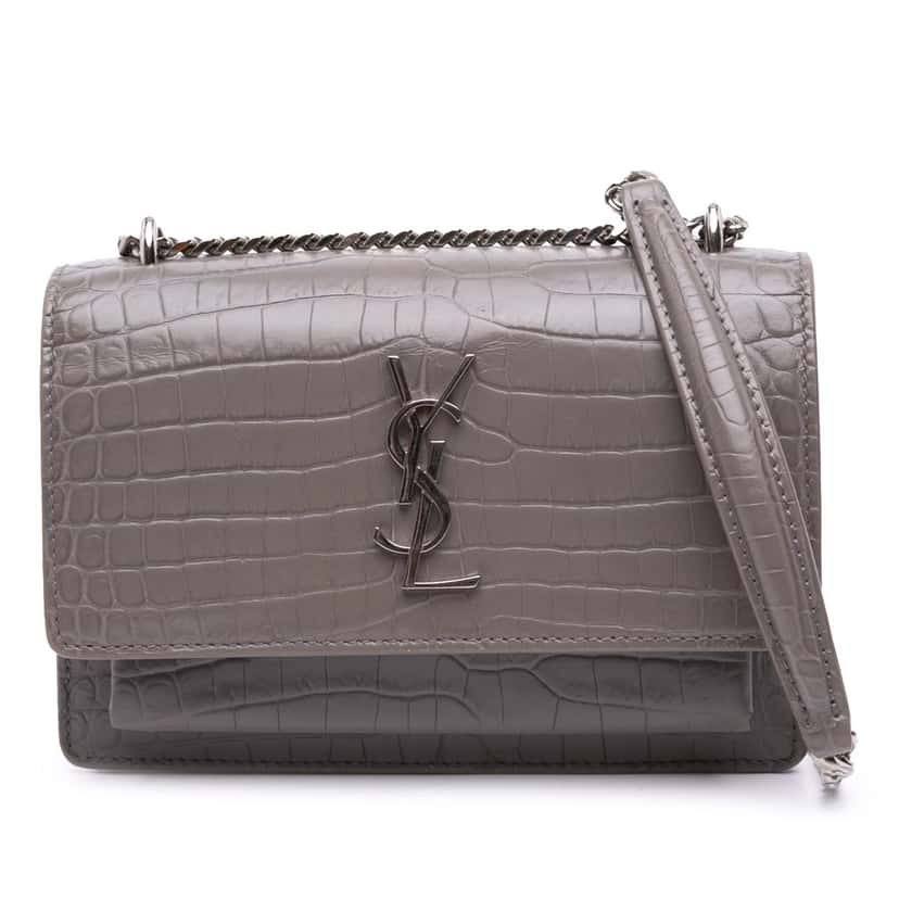 Saint Laurent Croc Embossed Leather Monogram Sunset Chain Wallet Grey Leather Good condition - Front View