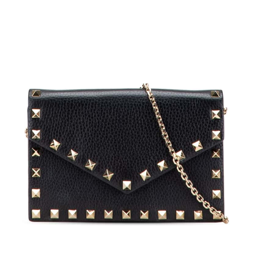 Valentino Pebbled Calfskin Rockstud Envelope Wallet on Chain Black Leather Good condition - Front View