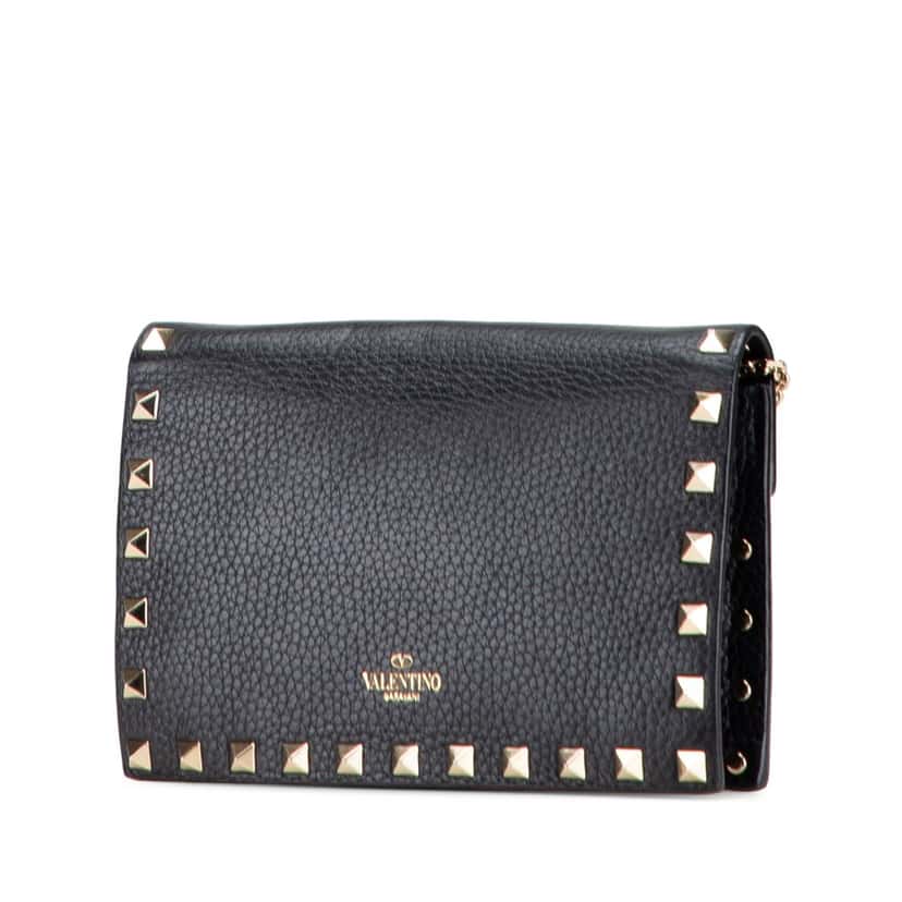 Valentino Pebbled Calfskin Rockstud Envelope Wallet on Chain Black Leather Good condition - Back View