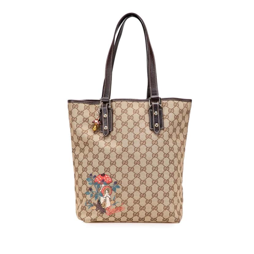 Gucci GG Canvas Embroidered Mushroom Tote Brown Canvas Good condition - Front View