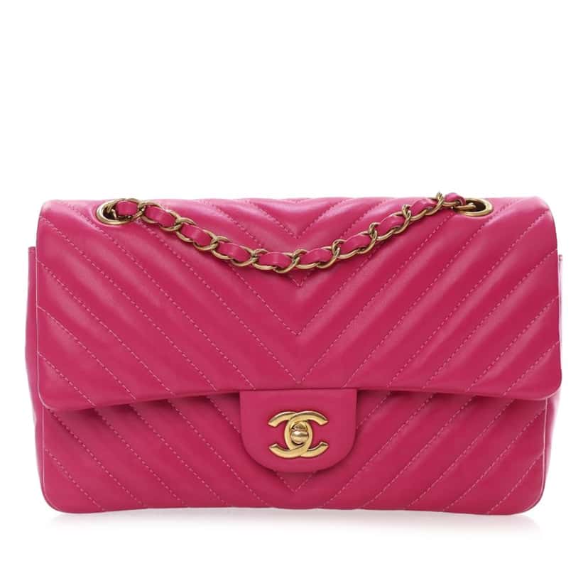 Chanel Medium Classic Chevron Lambskin Double Flap Pink Leather Good condition - Front View
