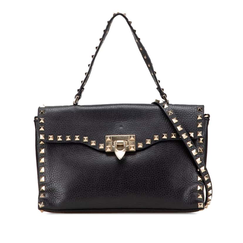 Valentino Small Pebbled Calfskin Rockstud Single Handle Flap Black Leather Good condition - Front View