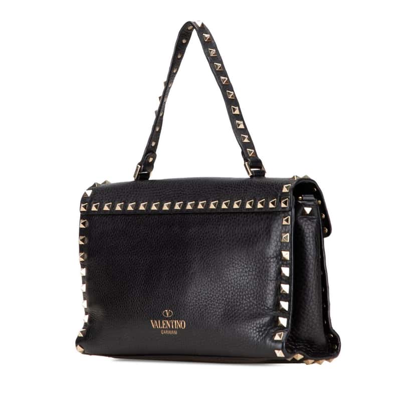 Valentino Small Pebbled Calfskin Rockstud Single Handle Flap Black Leather Good condition - Back View