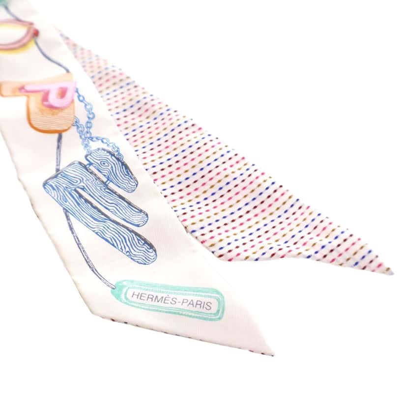 Hermès Chevaloscope Neon Twilly Scarf White Silk Very good condition - Back View