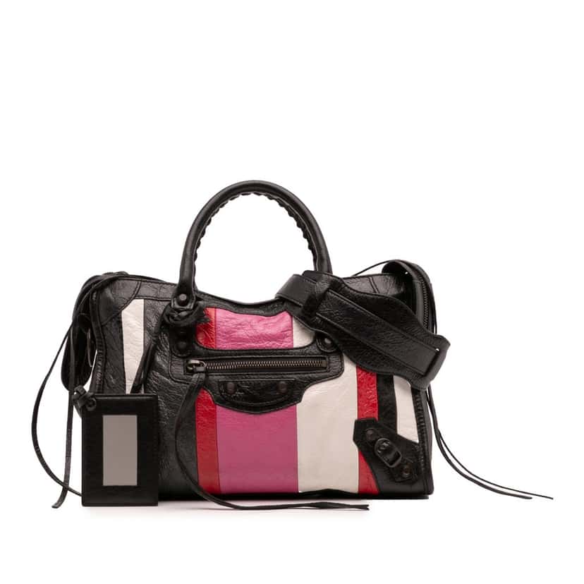 Balenciaga Small Lambskin Motocross Striped Classic City Satchel Black Leather Good condition - Front View