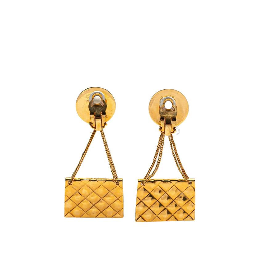 Chanel Gold Plated Flap Bag Drop Clip On Earrings Gold Metal Good condition - Back View