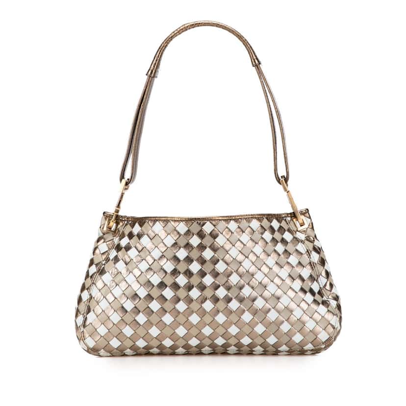 Bottega Veneta Small Metallic Leather Intrecciato Shoulder Bag Brown Leather Good condition - Front View