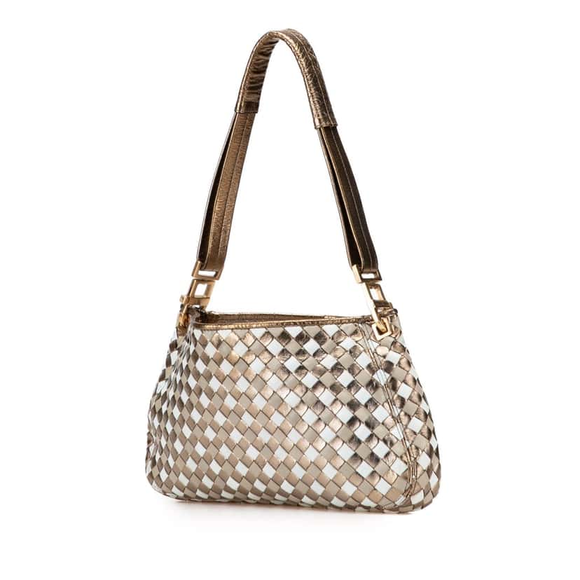 Bottega Veneta Small Metallic Leather Intrecciato Shoulder Bag Brown Leather Good condition - Back View