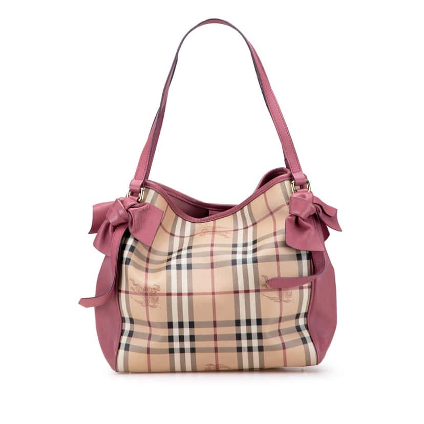 Burberry Small Leather Trimmed Haymarket Check Coated Canvas Canterbury Bow Tote Brown Canvas Good condition - Front View