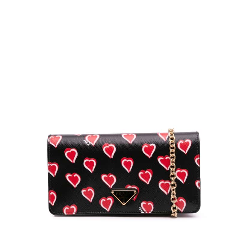 Prada Saffiano Heart Print Wallet on Chain Black Leather Good condition - Front View