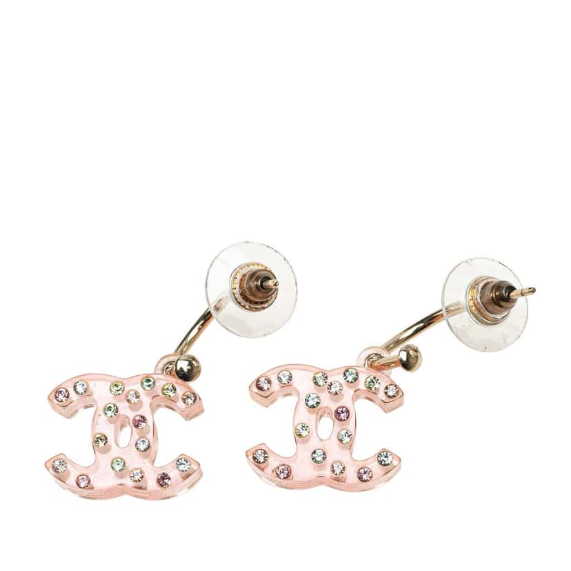 Chanel Resin Crystal CC Push Back Earrings Pink Good condition - Back View
