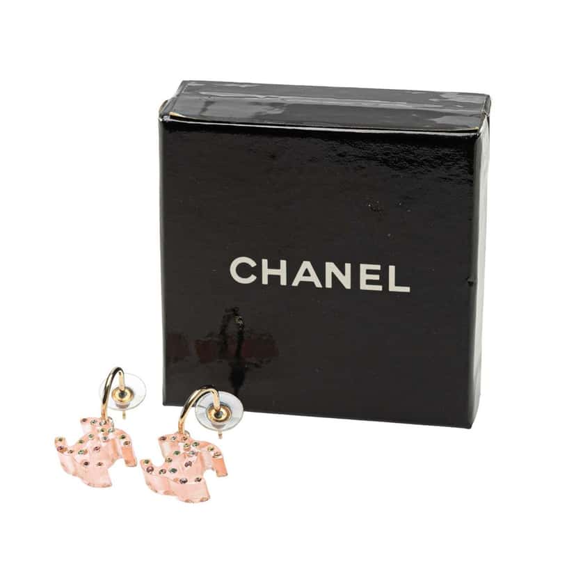 Chanel Resin Crystal CC Push Back Earrings Pink Good condition - Model View