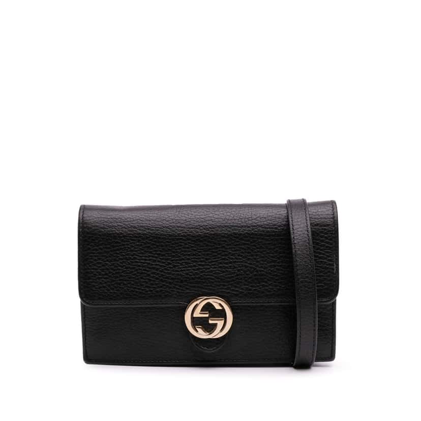 Gucci Interlocking G Dollar Calfskin Wallet on Chain Black Leather Good condition - Front View