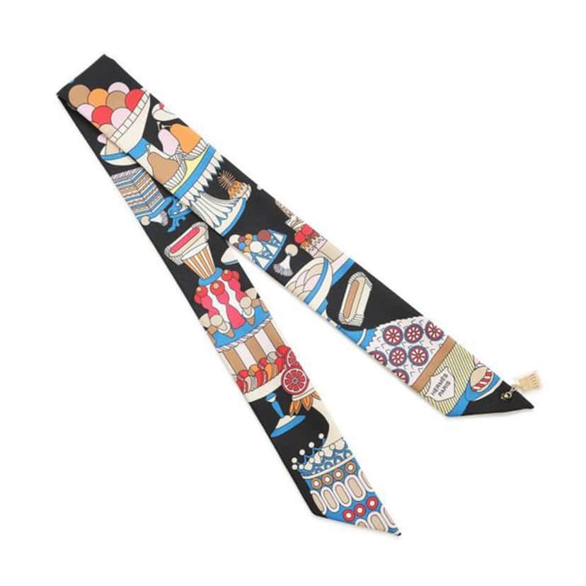 Hermès La Patisserie Francaise Silk Twilly Scarf Black Silk Good condition - Back View