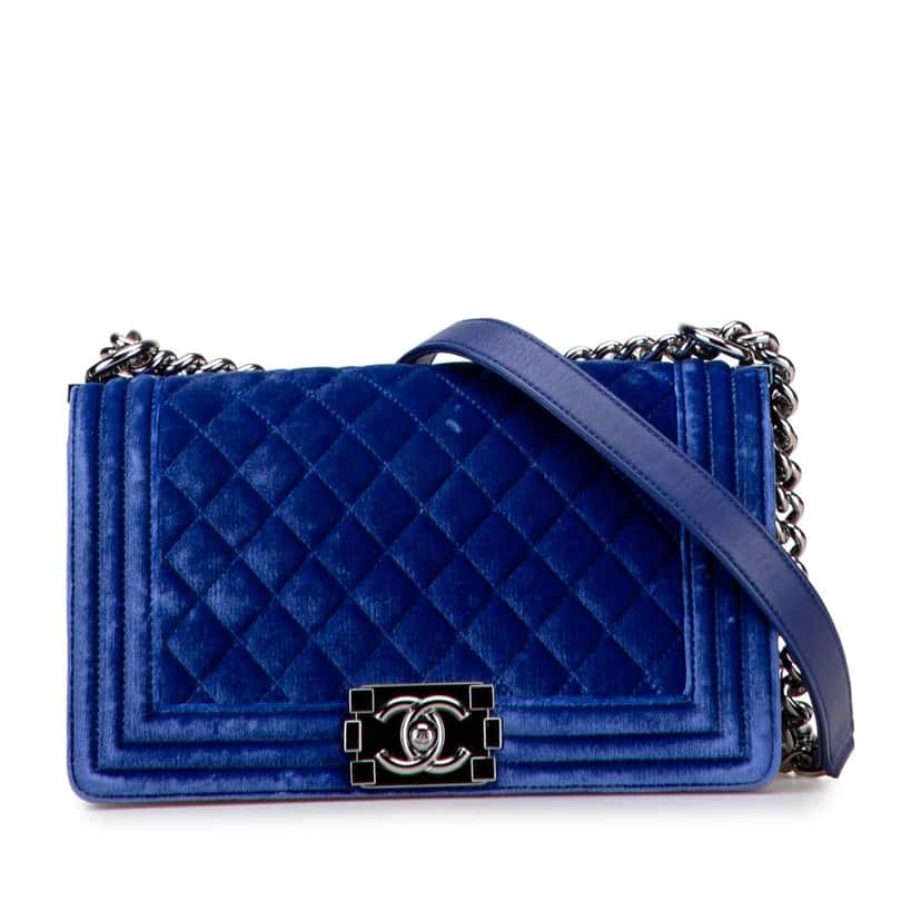Chanel Old Medium Quilted Velvet Boy Flap Blue Velvet Good condition - Front View