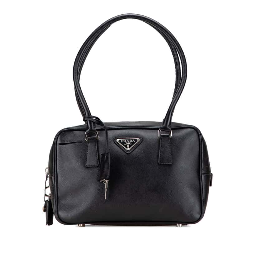 Prada Saffiano Lux Bauletto Handbag Black Leather Good condition - Front View