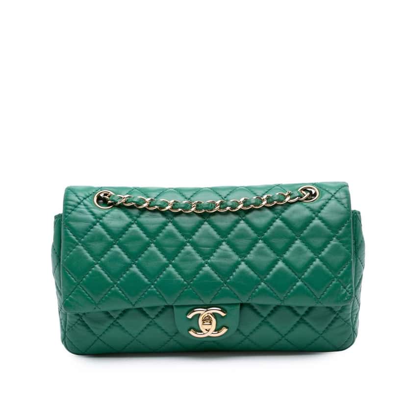Chanel Medium Classic Lambskin Double Flap Green Leather Fair condition - Front View