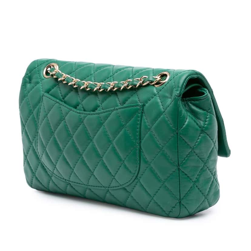 Chanel Medium Classic Lambskin Double Flap Green Leather Fair condition - Back View