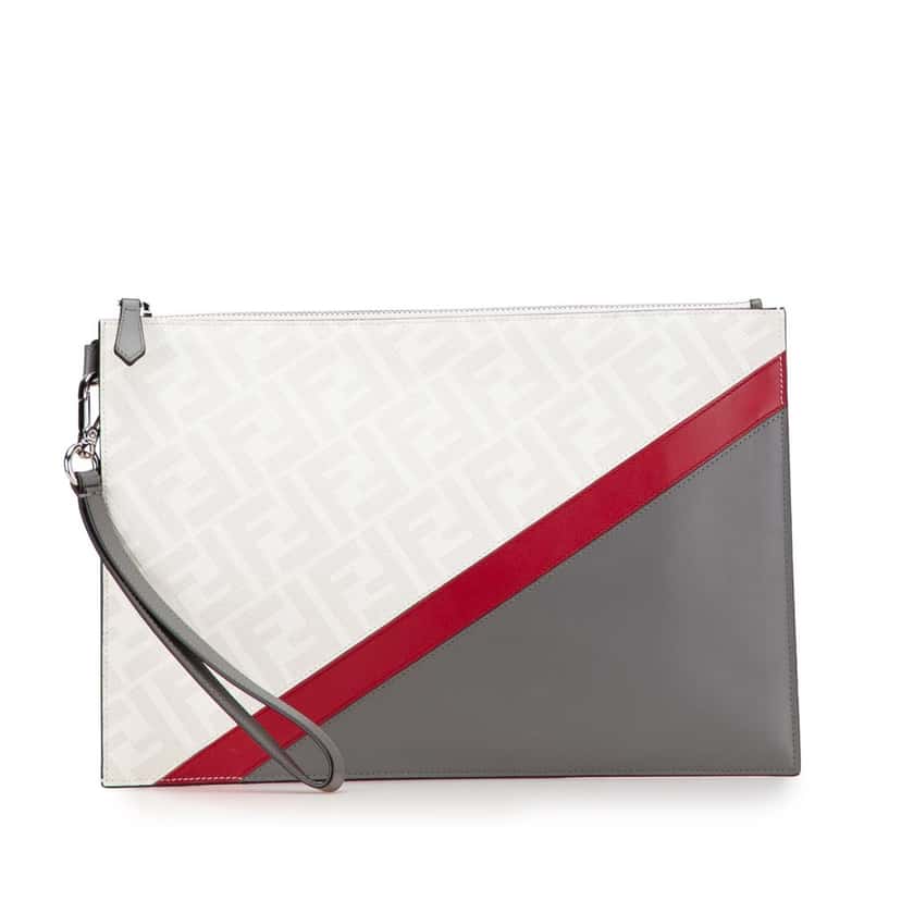 Fendi Zucca Coated Canvas FF 1974 Diagonal Vitello Liberty Clutch White Canvas Good condition - Front View