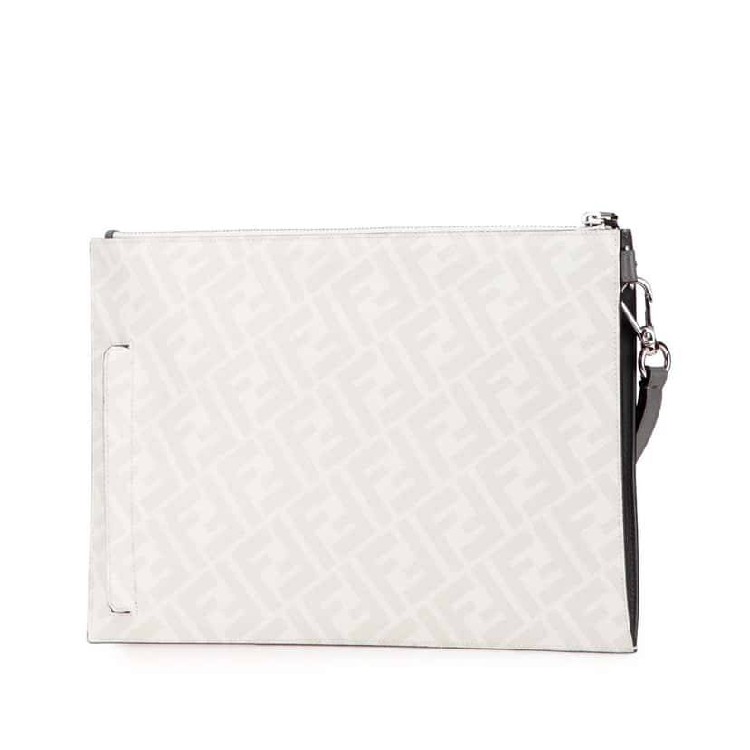 Fendi Zucca Coated Canvas FF 1974 Diagonal Vitello Liberty Clutch White Canvas Good condition - Back View