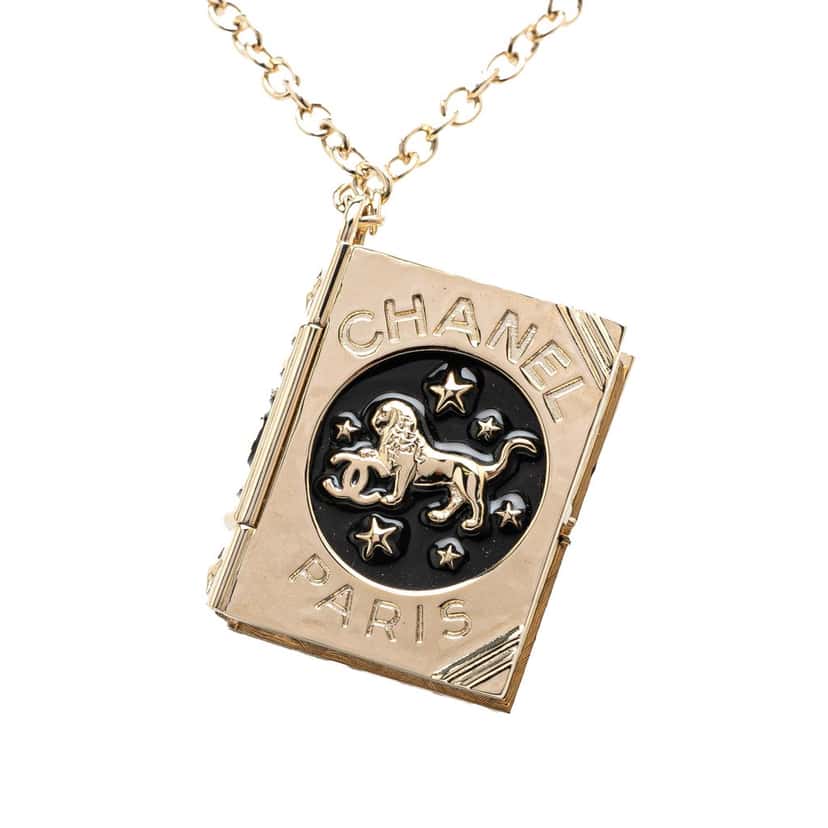 Chanel Gold Plated Enamel CC Lion Book Locket Pendant Necklace Gold Metal Good condition - Front View