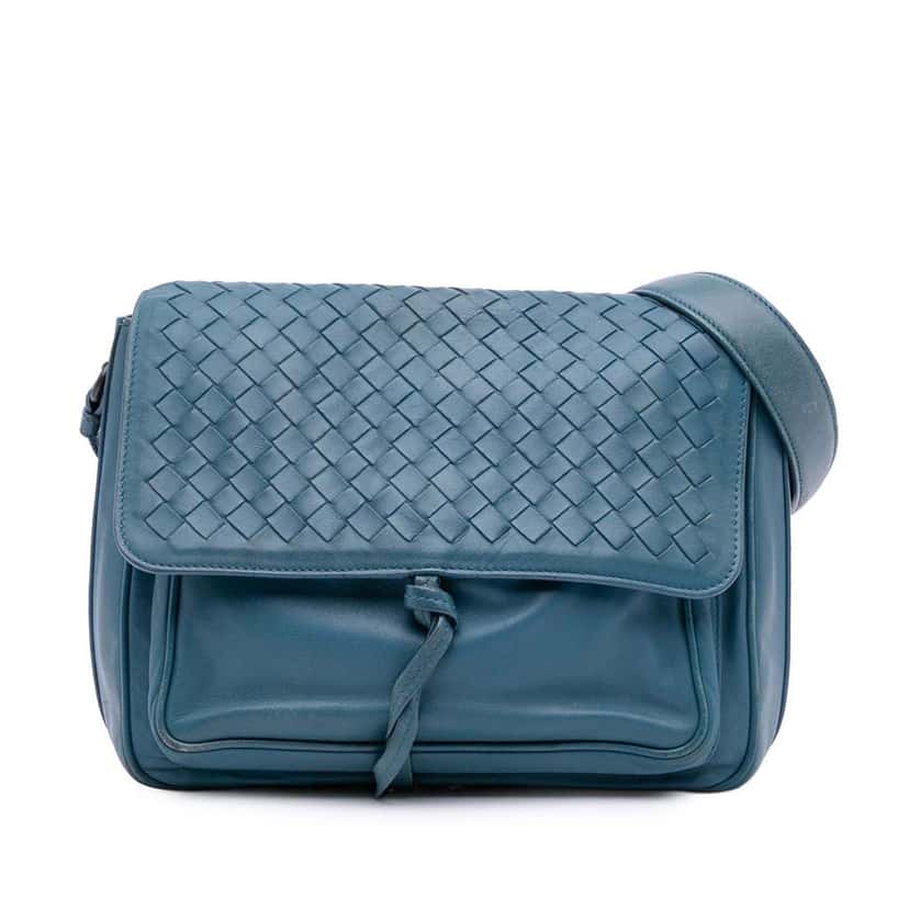 Bottega Veneta Intrecciato Trimmed Nappa Flap Crossbody Blue Leather Good condition - Front View
