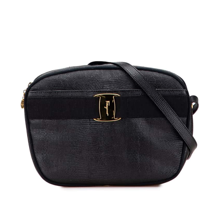 Salvatore Ferragamo Embossed Lizard Leather Vara Crossbody Black Leather Good condition - Front View