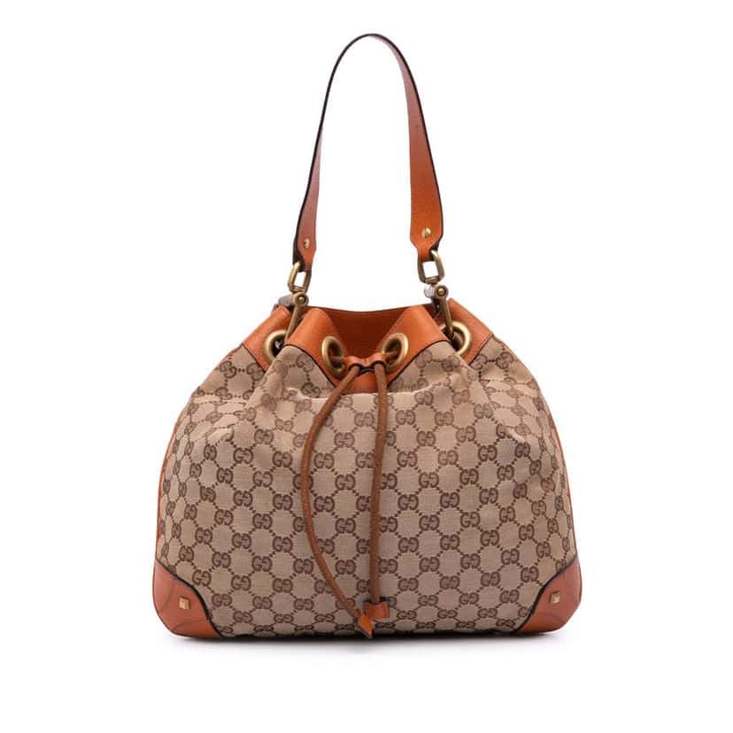 Gucci GG Canvas Nailhead Drawstring Hobo Brown Canvas Good condition - Front View