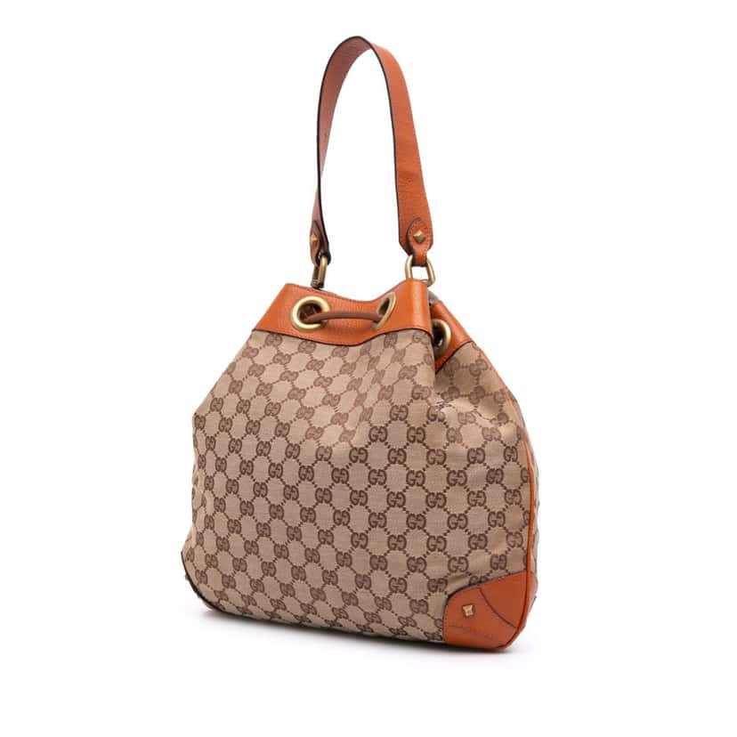 Gucci GG Canvas Nailhead Drawstring Hobo Brown Canvas Good condition - Back View