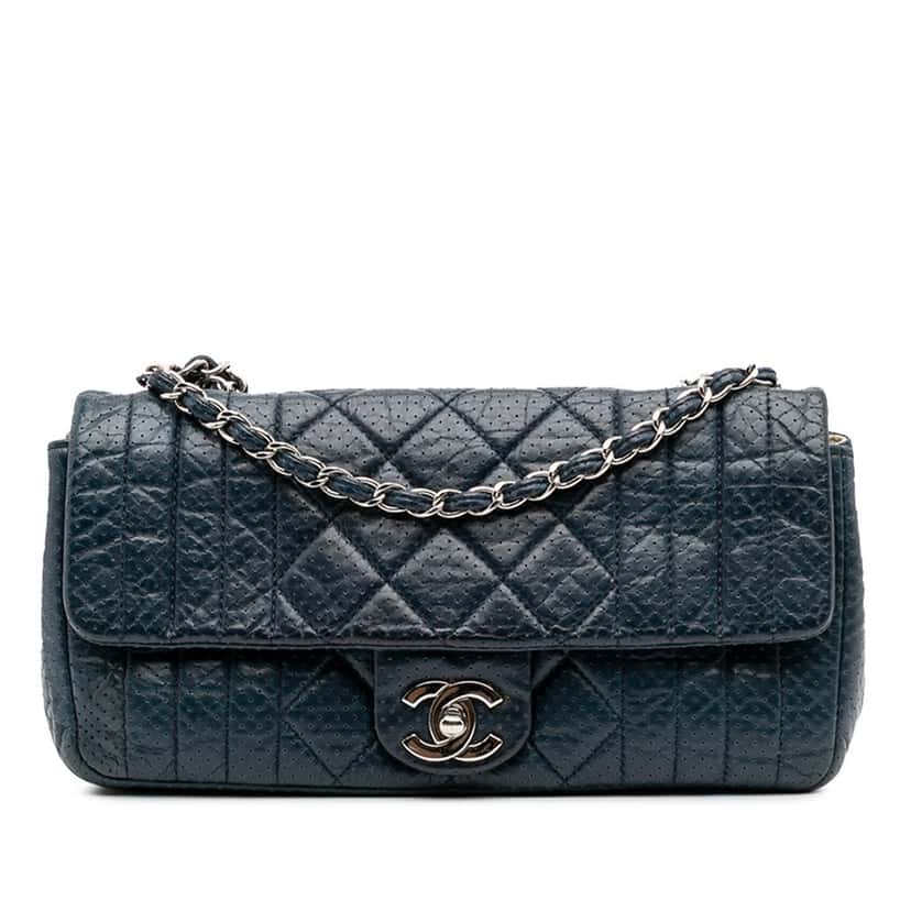 Chanel CC Quilted Perforated Aged Calfskin Flap Blue Leather Good condition - Front View