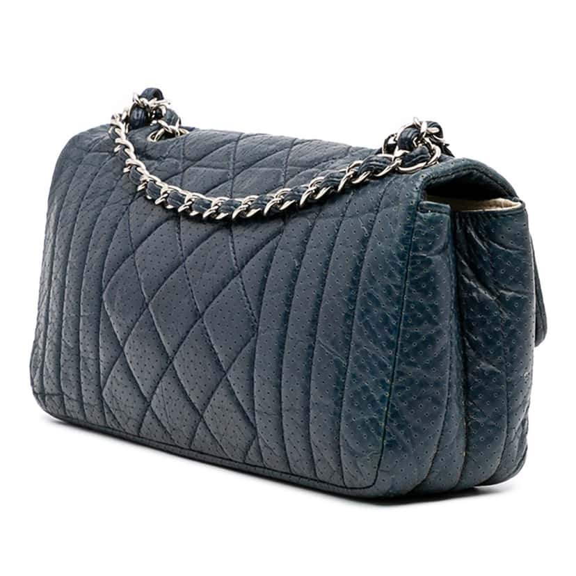 Chanel CC Quilted Perforated Aged Calfskin Flap Blue Leather Good condition - Back View