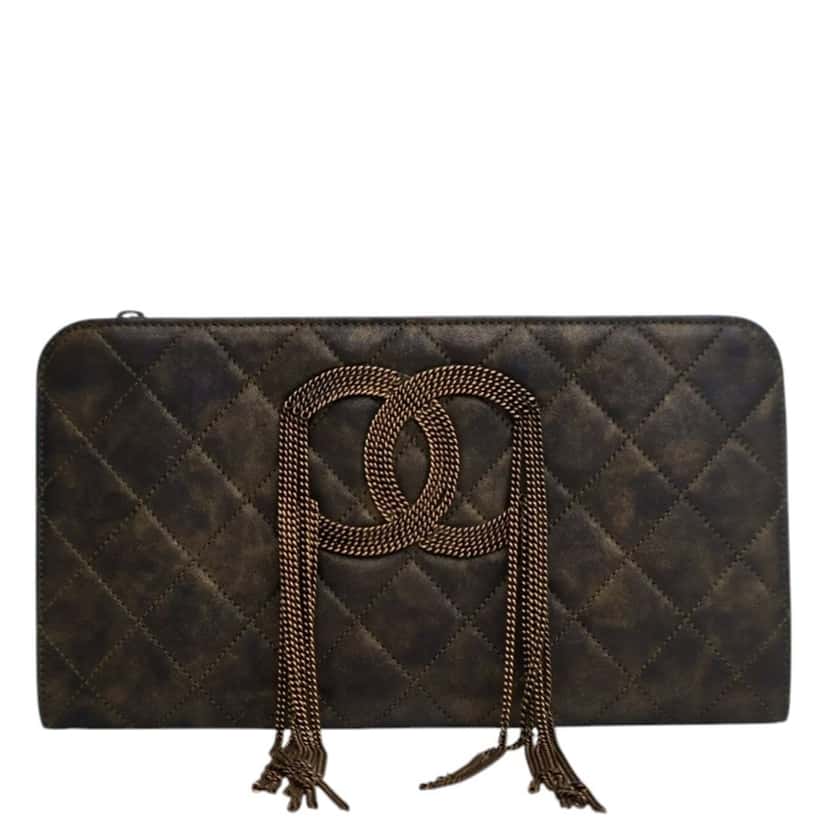 Chanel Metallic Lambskin CC Chain Fringe Clutch Black Leather Good condition - Front View