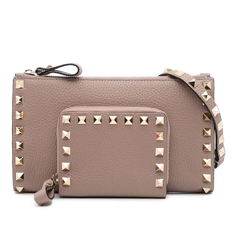 Valentino Leather Rockstud Wallet on Chain with Coin Pouch Brown Leather Good condition - Front View