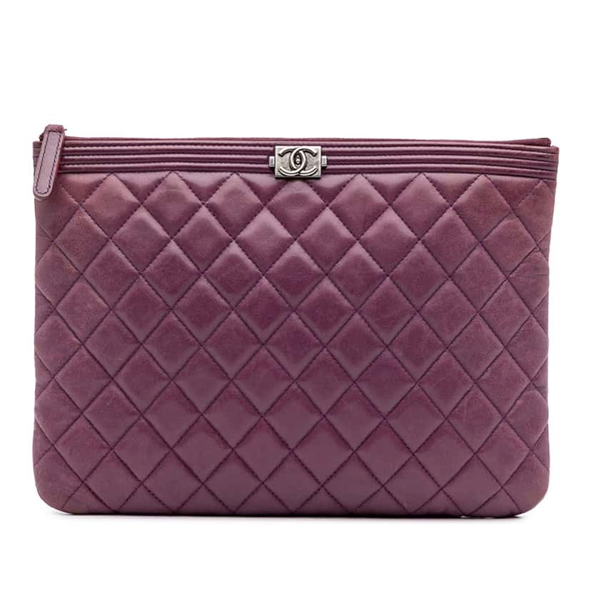 Chanel Medium Quilted Lambskin Boy O Case Clutch Purple Leather Good condition - Front View