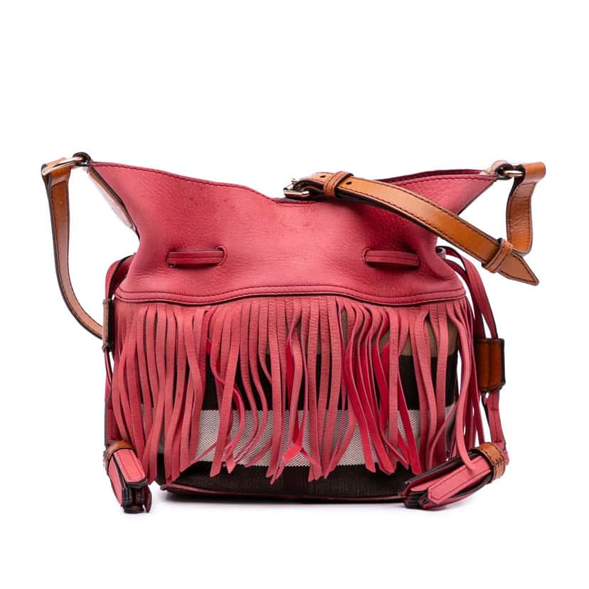 Burberry Small Mega Check Canvas and Suede Fringe Belgrove Bucket Bag Red Leather Very good condition - Front View