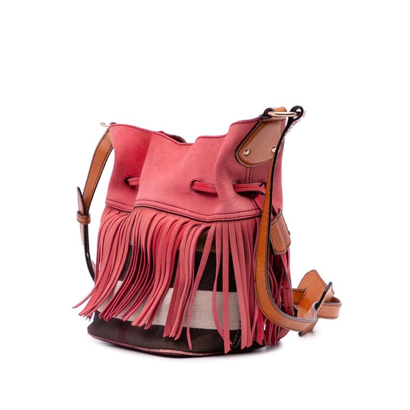 Burberry Small Mega Check Canvas and Suede Fringe Belgrove Bucket Bag Red Leather Very good condition - Back View