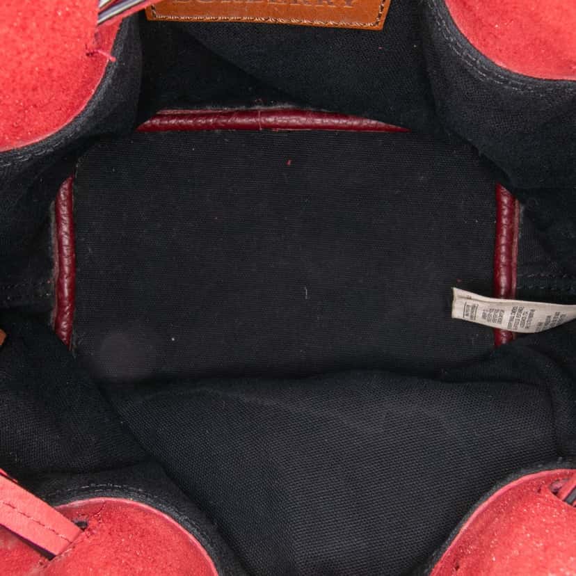 Burberry Small Mega Check Canvas and Suede Fringe Belgrove Bucket Bag Red Leather Very good condition - Model View