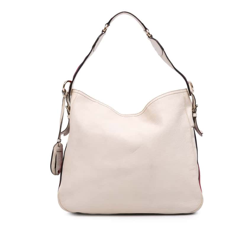 Gucci Medium Pebbled Calfskin Web Heritage Shoulder Bag White Leather Good condition - Front View