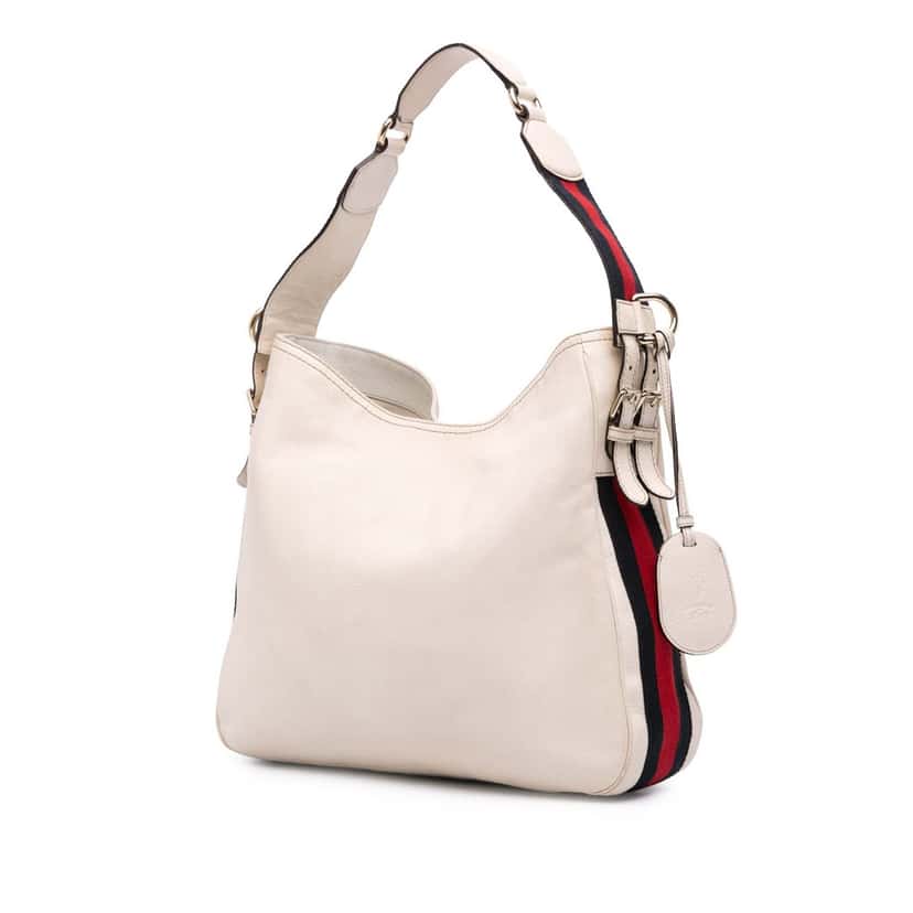 Gucci Medium Pebbled Calfskin Web Heritage Shoulder Bag White Leather Good condition - Back View
