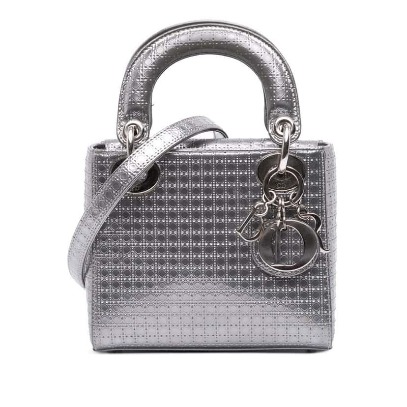Dior Mini Metallic Patent Microcannage Lady Dior Silver Leather Good condition - Front View