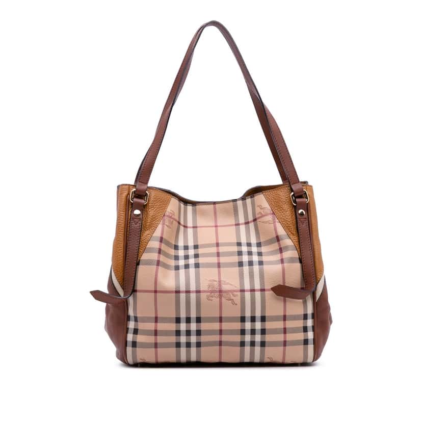 Burberry Small Leather Trimmed Haymarket Check Coated Canvas Canterbury Tote Brown Canvas Good condition - Front View