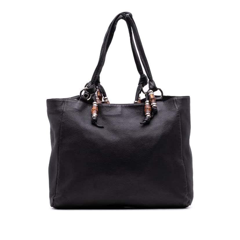 Gucci Large Pebbled Calfskin Bamboo Jungle Convertible Tote Black Leather Good condition - Front View