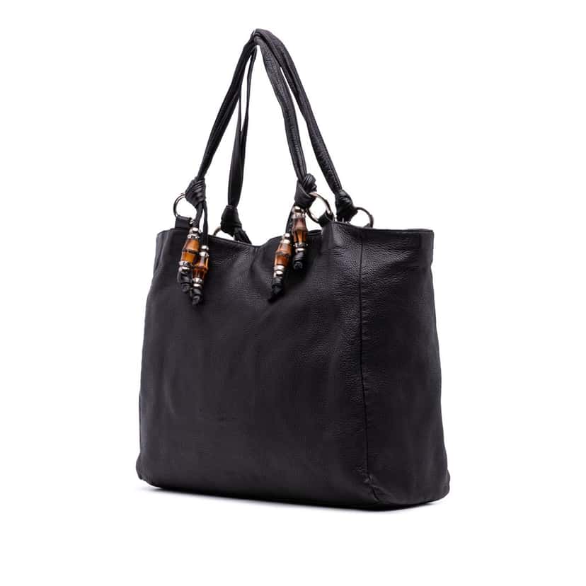 Gucci Large Pebbled Calfskin Bamboo Jungle Convertible Tote Black Leather Good condition - Back View